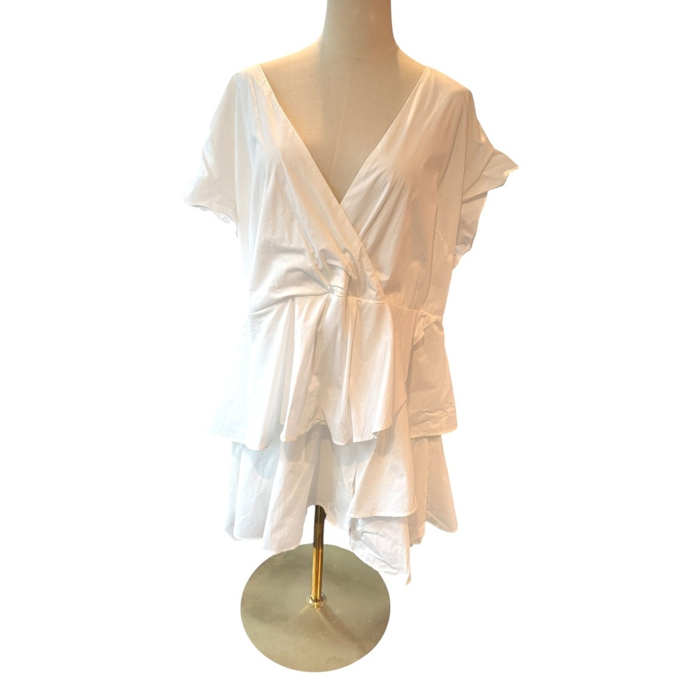 Anthropologie White Cotton Tiered Ruffle V-Neck Mini Dress 2X Plus Size - Picture 2 of 7